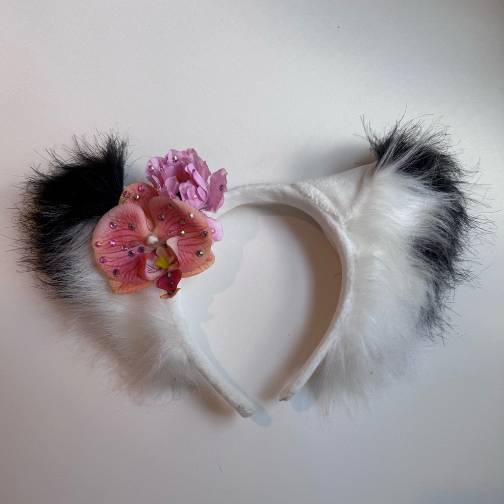 Fluffy Black and White Headband with Pink Floral Accents